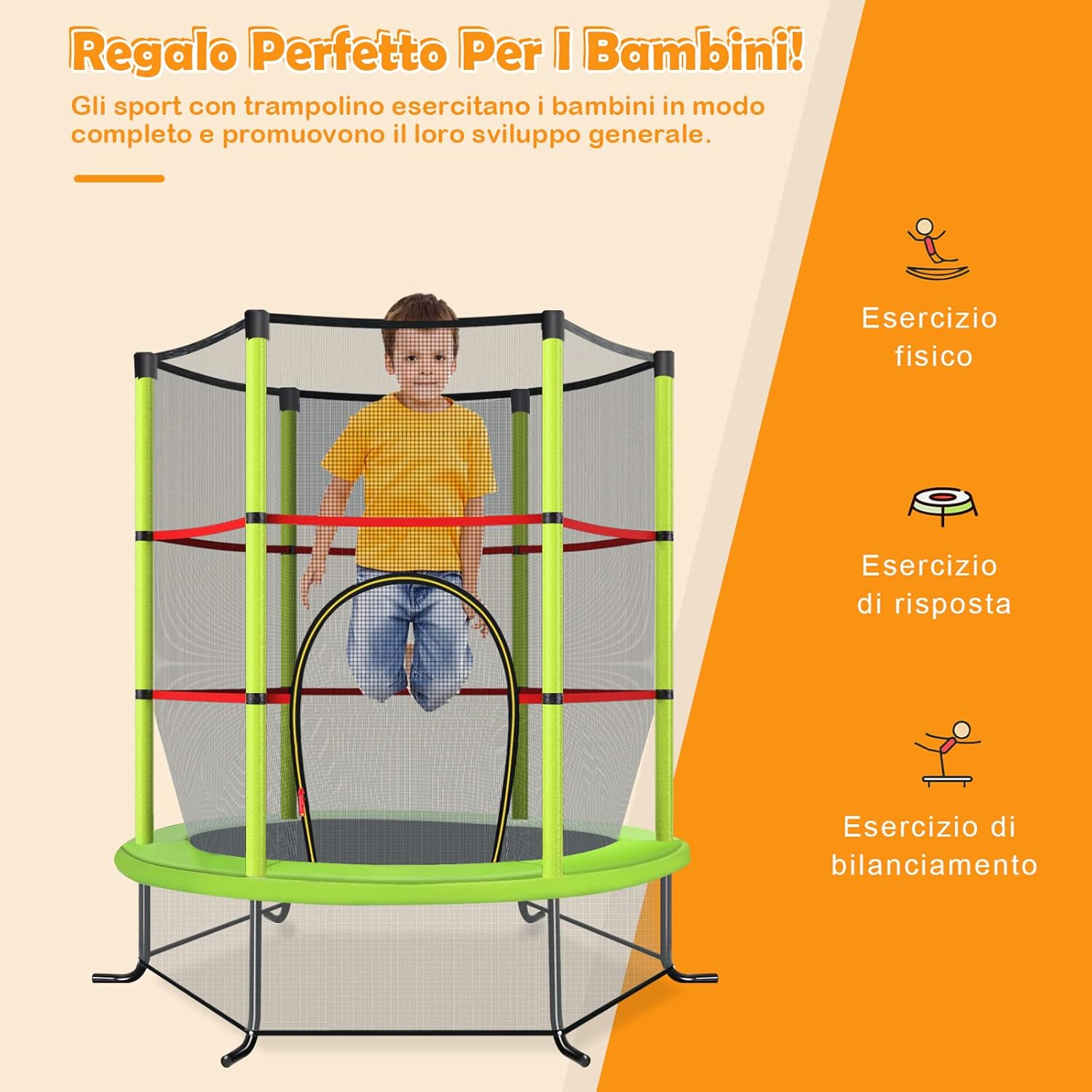 Trampolino Elastico Bambino in Acciaio, Tappeto Elastico Bambini da Esterno e da Interno, con Rete e Cusicnetti Antiscivolo（Verde)