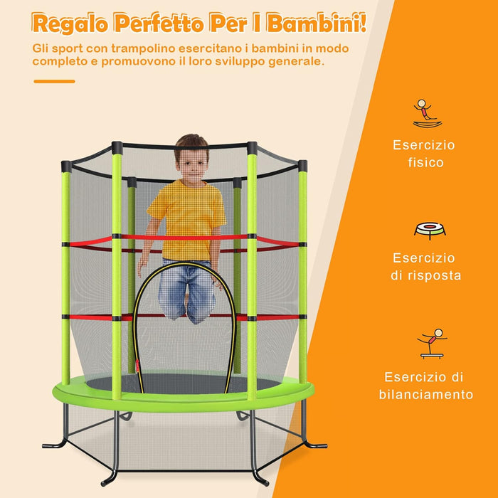 Trampolino Elastico Bambino in Acciaio, Tappeto Elastico Bambini da Esterno e da Interno, con Rete e Cusicnetti Antiscivolo（Verde)