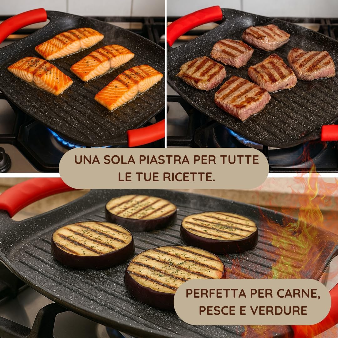 Padella Bistecchiera Antiaderente, 47cm in Alluminio Pressofuso, Rivestimento Effetto Marmo, Griglia Induzione per Carne, Pesce e Verdure.