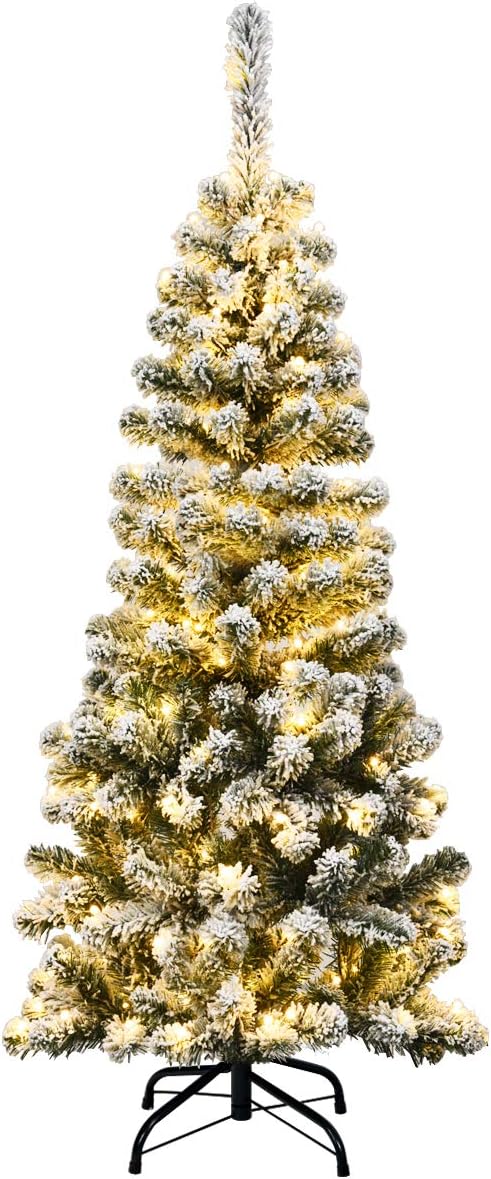 Albero di Natale Slim 135/180/225 cm, Albero di Natale Innevato con 150/250/350 Luci LED, 242/500/641 Rami e Base di Metallo, Decorazione Natalizia per Casa e Negozio (135 cm)