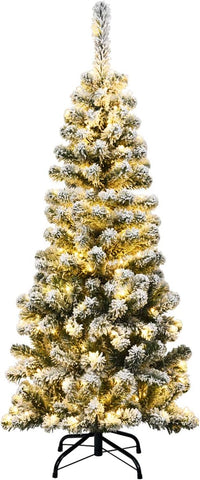 Albero di Natale Slim 135/180/225 cm, Albero di Natale Innevato con 150/250/350 Luci LED, 242/500/641 Rami e Base di Metallo, Decorazione Natalizia per Casa e Negozio (135 cm)