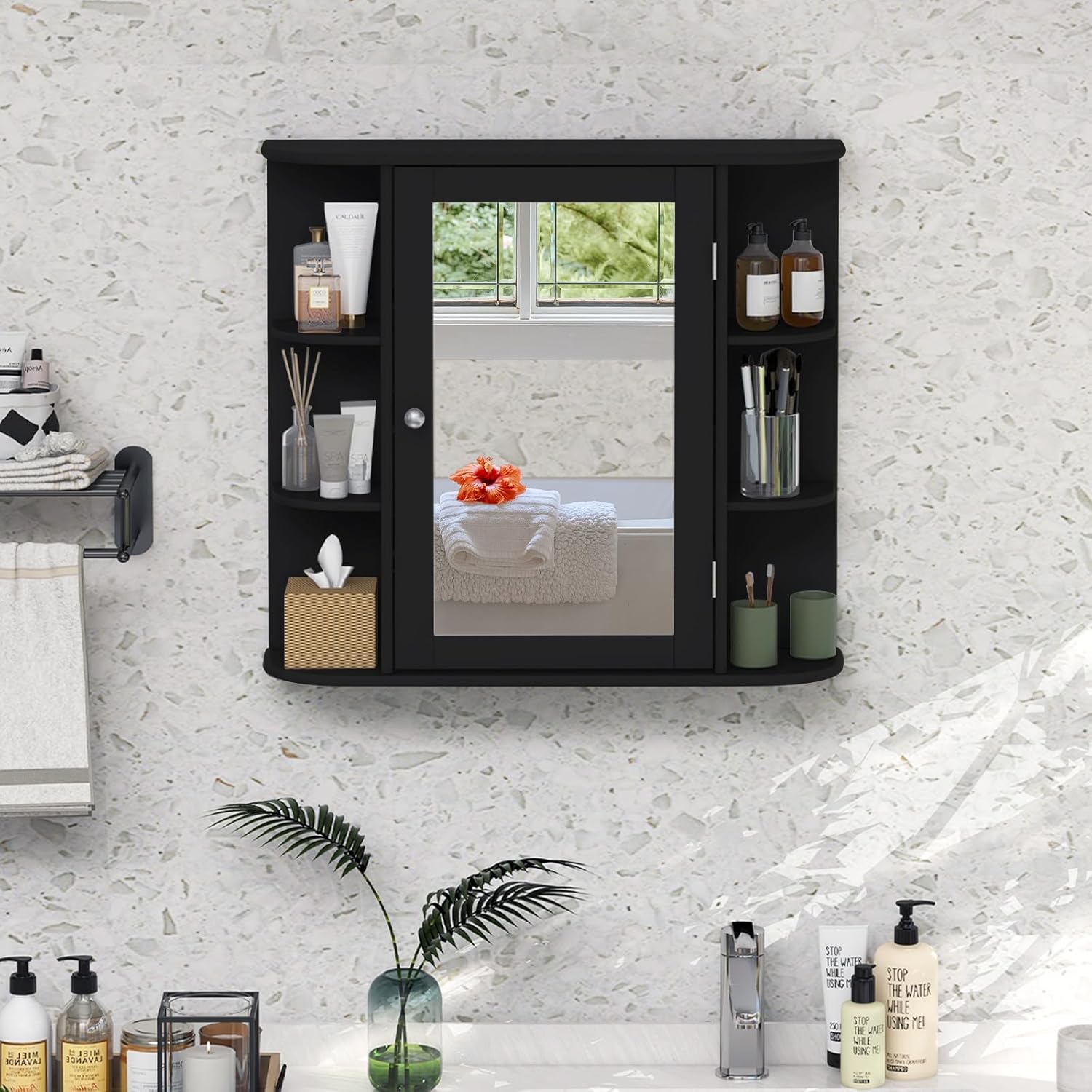 Mobile da Bagno con Specchio 66 x 17 x 63cm, Mobiletto in Legno Appeso con Mensole Regolabili, Armadietto dei Medicinali Multiuso per Bagno Salone Cucina (Nero)