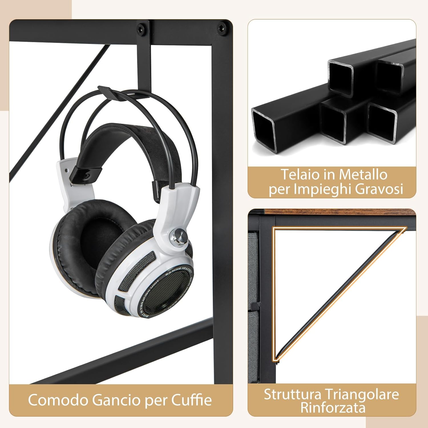 Scrivania da 120CM/140CM, Scrivania con 2 Cassetti, Gancio e Ripiano, Scrivania Moderna e Multiuso per Studio, Ufficio e Camera da Letto, Marrone Rustico e Nero (140 x 75 x 60 cm)