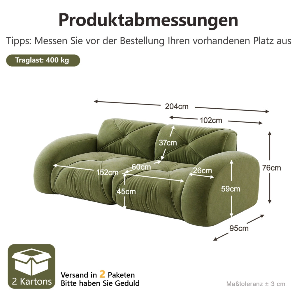Divano modulare senza struttura 204x95x76 cm in chenille verde con imbottitura in schiuma 32D