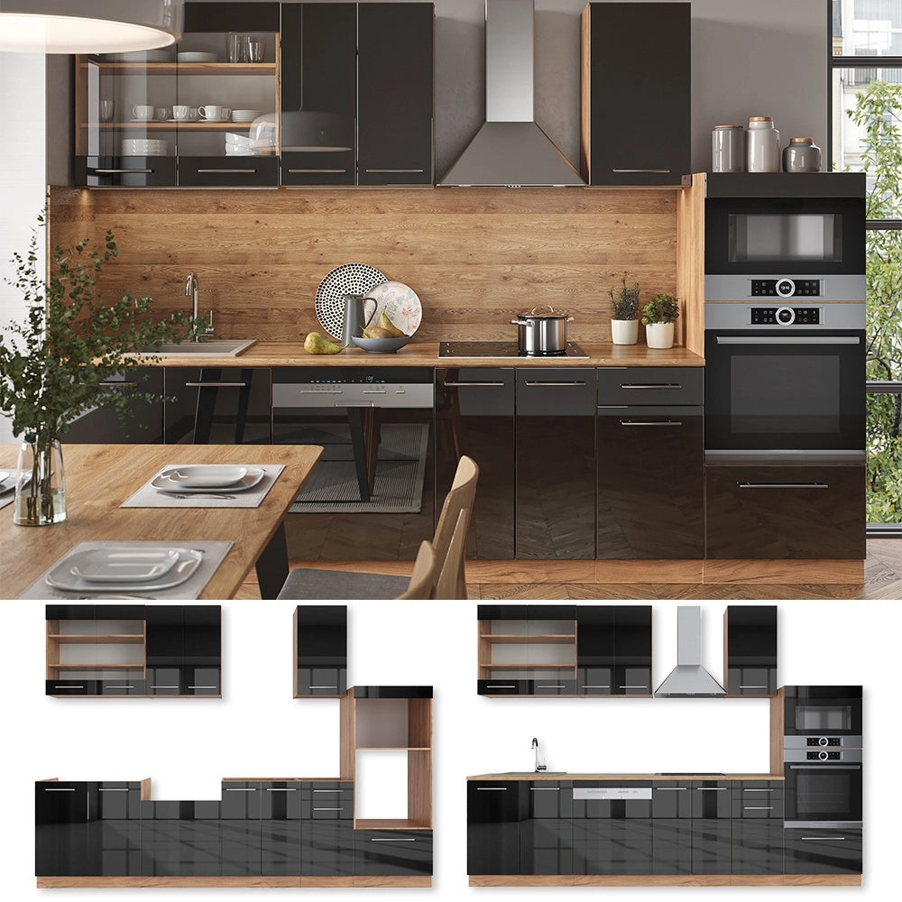Cucina componibile Fame-Line Antracite lucido/Rovere dorato 300 cm con armadio alto, PL Antracite Vicco