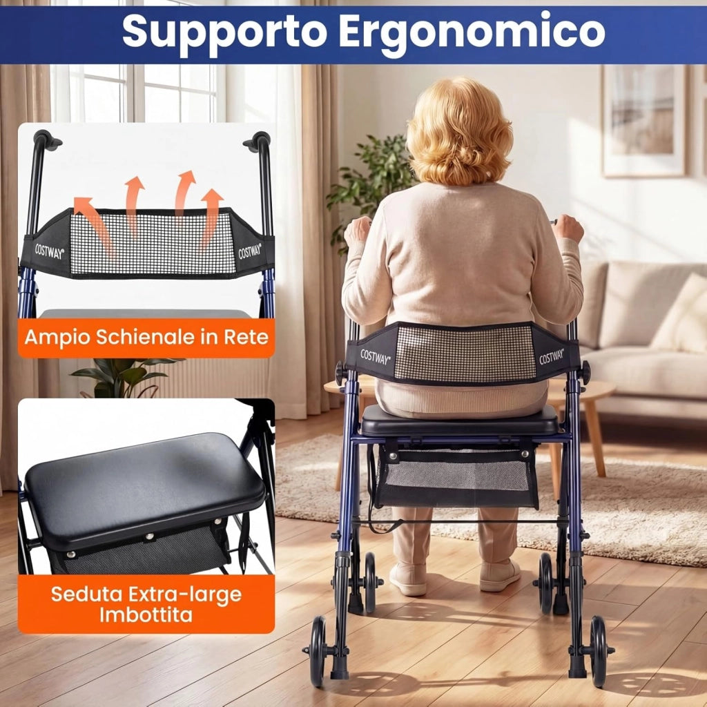 Deambulatore Pieghevole per Anziani, Girello a 4 Ruote con Sedile, Maniglie Regolabili a 8 Livelli, Schienale e Borsa a Rete, Deambulatore Rollator Ultraleggero per Disabil, Portata 136 kg