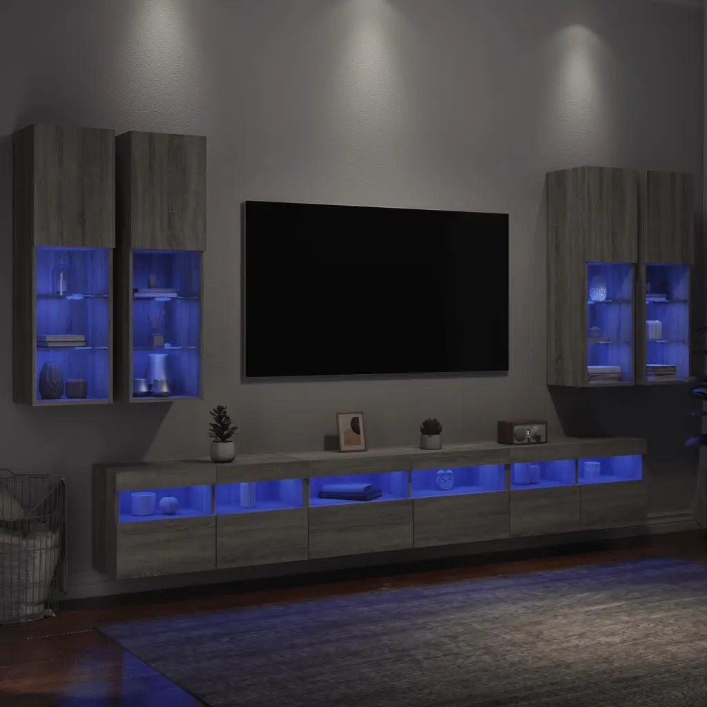 vidaXL Set Mobili TV a Muro 7 pz con Luci LED Grigio Sonoma
