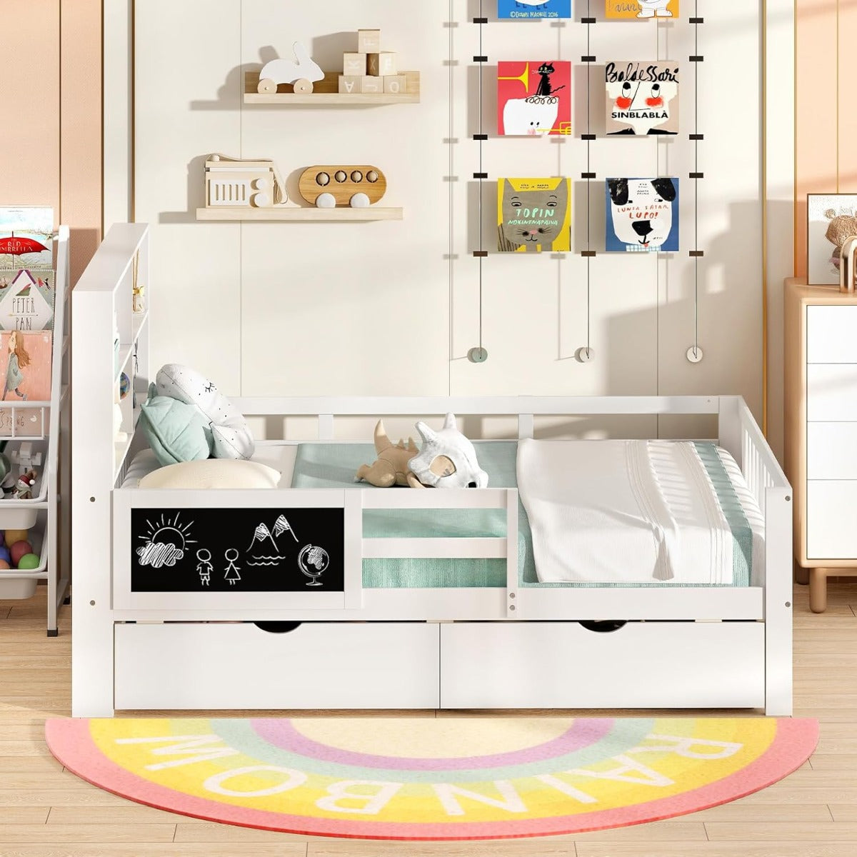 Letto matrimoniale con 2 cassetti, Legno per bambini con libreria e lavagna Bianco-Lettini per bimbi