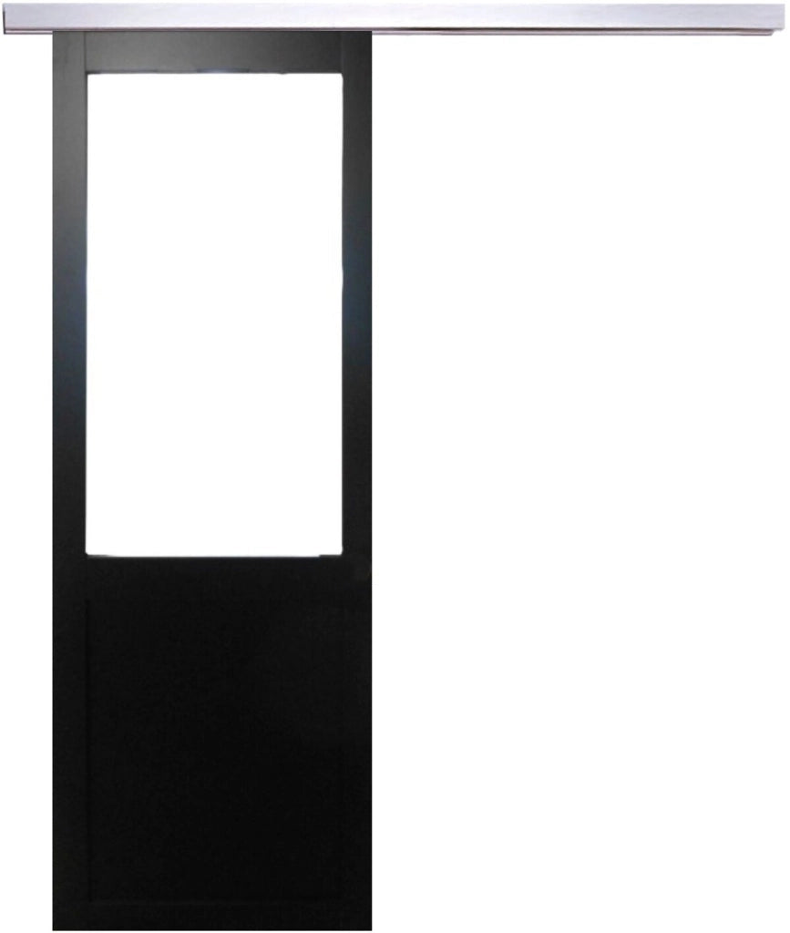 Porta scorrevole nera da officina in vetro H204 x L93 senza montante + binario in alluminio