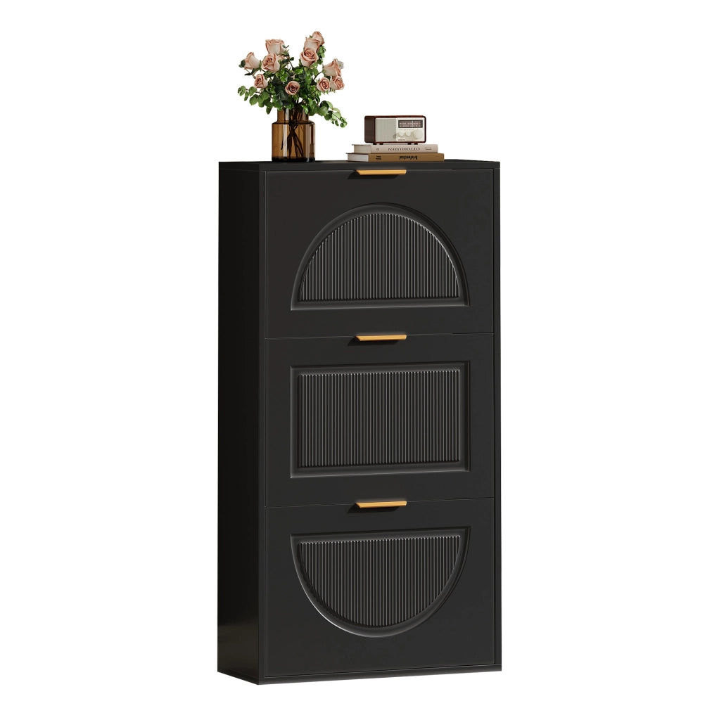 Mobile portascarpe stretto con ribalta; 60x24x114 cm; in MDF e truciolare nero