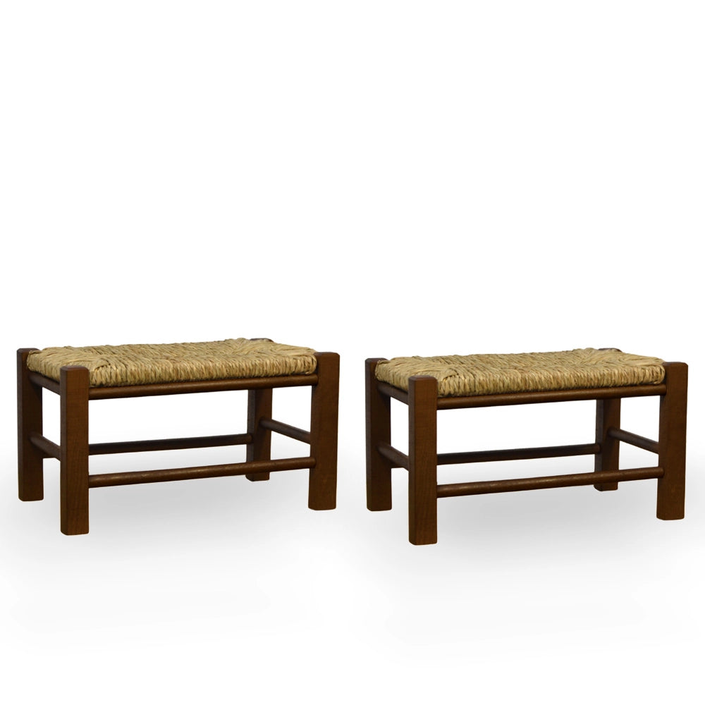 Sgabelli relax coppia poggiapiedi in legno noce scuro con sedile in paglia