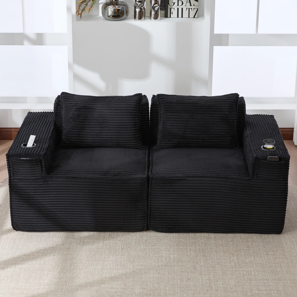 Divano modulare 2 posti 188x90x75 cm nero con portabicchieri, velluto a coste,
