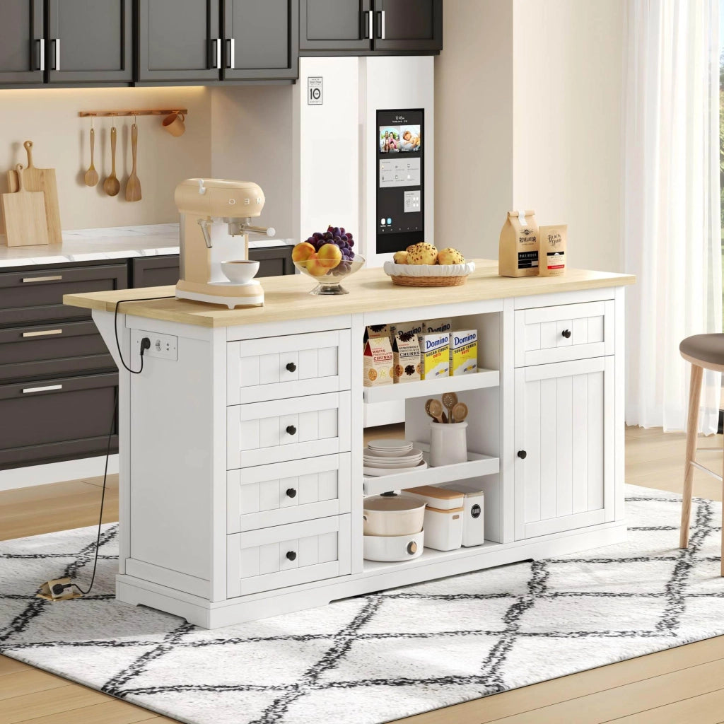 Isola cucina freestanding 150x65x75;5 cm bianco naturale con 5 cassetti e prese