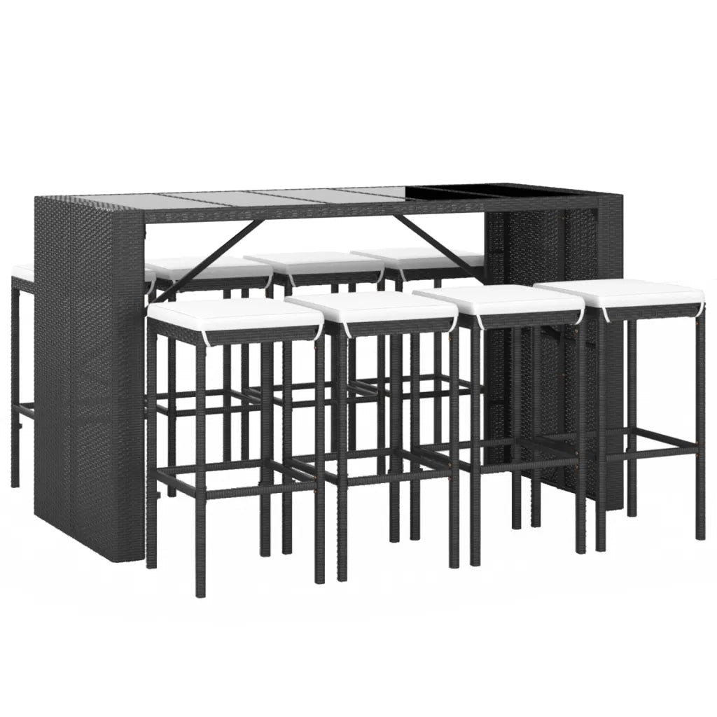 Set Bar da Giardino 9 pz con Cuscini in Polyrattan Nero