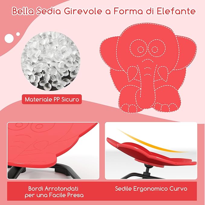 Sedia Girevole a 360° per Bambini, Sedia Sensoriale con Base in Metallo Antiscivolo per Allenare la Coordinazione Fisica e l'Equilibrio, Giocattolo per Cameretta (Rosso,Elefante)