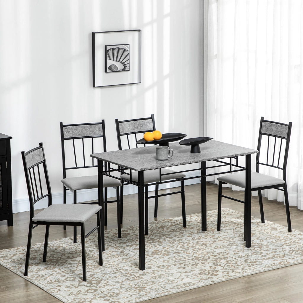 Set Tavolo e Sedie 5pz, Tavolo da Pranzo Rettangolare in Metallo e MDF e 4 Sedie da Pranzo Grigio e Nero