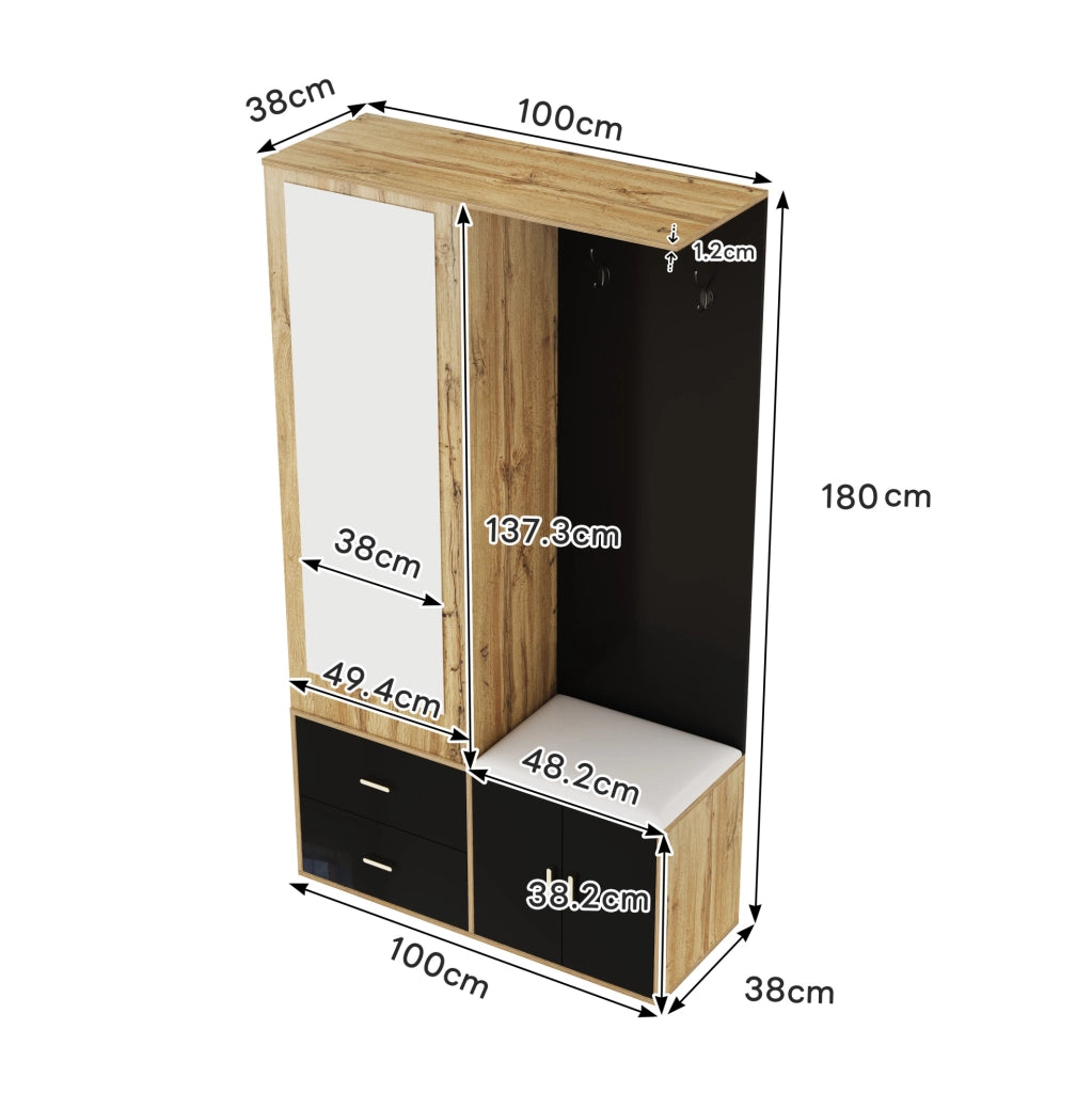 Guardaroba da ingresso con specchio; scarpiera e panca 100x38x180 cm; nero e naturale
