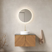 Mobile lavabo sospeso 76 cm in compensato marrone, lavabo bianco, vano portaoggetti –