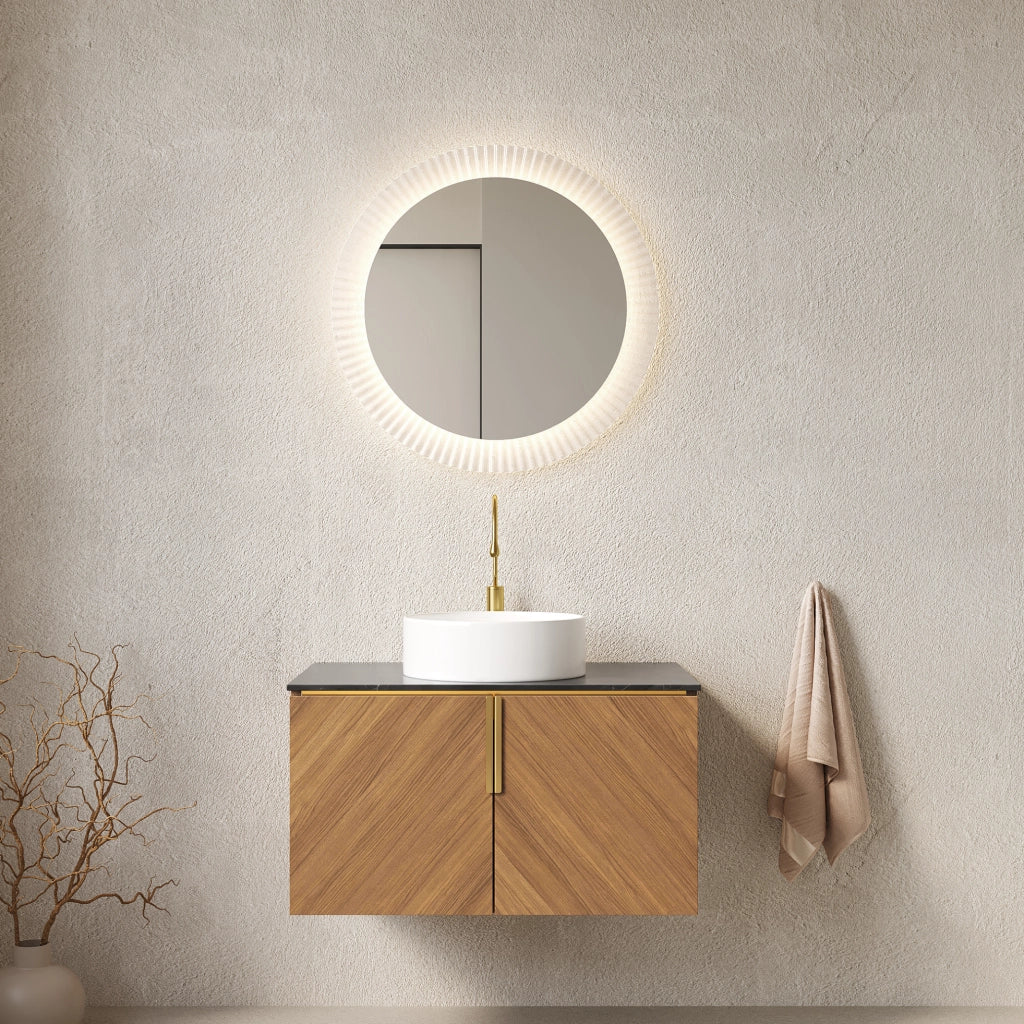 Mobile lavabo sospeso 76 cm in compensato marrone, lavabo bianco, vano portaoggetti –