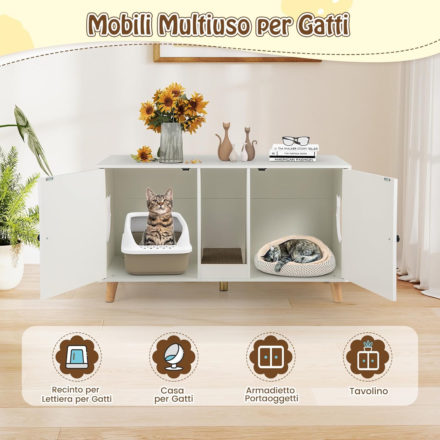Lettiera Chiusa per Gatti 108 x 50 x 60 cm, Mobile per Lettiera Nascosta per Gatti con 2 Tappetini in Sisal e Ingresso a Forma di Testa di Gatto, Casetta per Animali Domestici (Bianco)