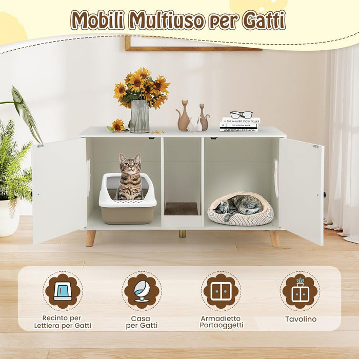 Lettiera Chiusa per Gatti 108 x 50 x 60 cm, Mobile per Lettiera Nascosta per Gatti con 2 Tappetini in Sisal e Ingresso a Forma di Testa di Gatto, Casetta per Animali Domestici (Bianco)