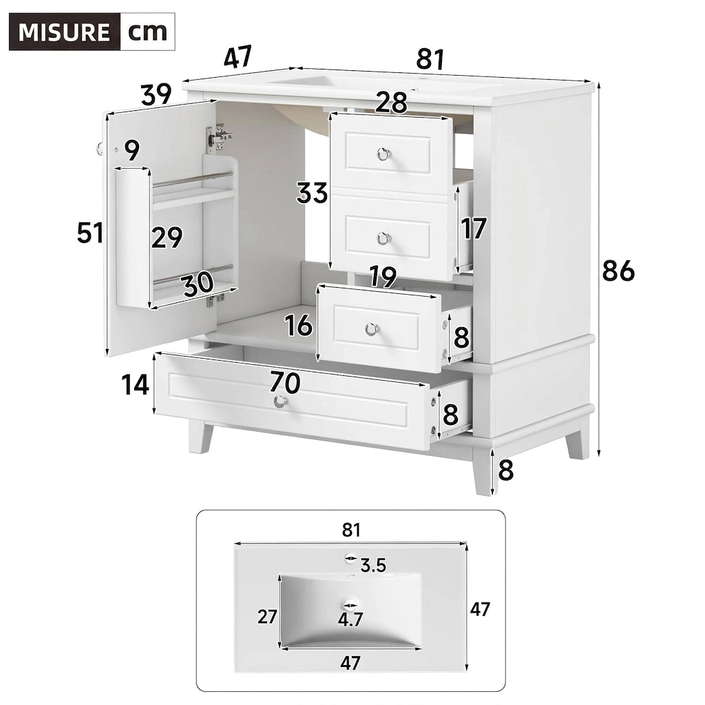Mobile bagno a terra 81 cm con lavabo e 3 cassetti; in MDF e ceramica; bianco lucido