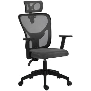 Sedia da Ufficio Ergonomica e Regolabile 66x61x106-116 cm con Supporto Lombare e Poggiatesta in Tessuro a Rete Grigio