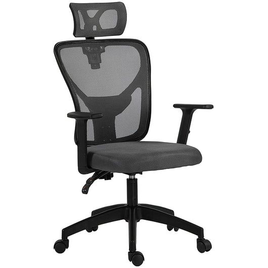 Sedia da Ufficio Ergonomica e Regolabile 66x61x106-116 cm con Supporto Lombare e Poggiatesta in Tessuro a Rete Grigio