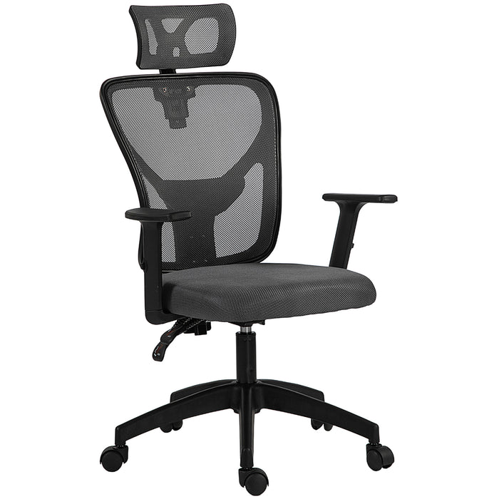 Sedia da Ufficio Ergonomica e Regolabile 66x61x106-116 cm con Supporto Lombare e Poggiatesta in Tessuro a Rete Grigio