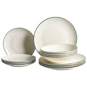 Set da 12 stoviglie in porcellana con bordi decorativi bianco sporco e verde finitura smaltata trasparente per cucina e sala da pranzo