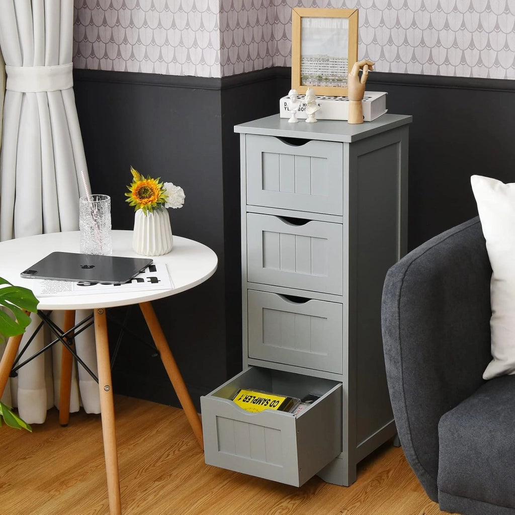 Cassettiera di Legno con Vari Cassetti, Cassettiera Verticale da Terra, Comò Moderno e Resistente, Mobiletto Autoportante per Salone Camera da Letto Bagno Ufficio (4 Cassetti, grigio)