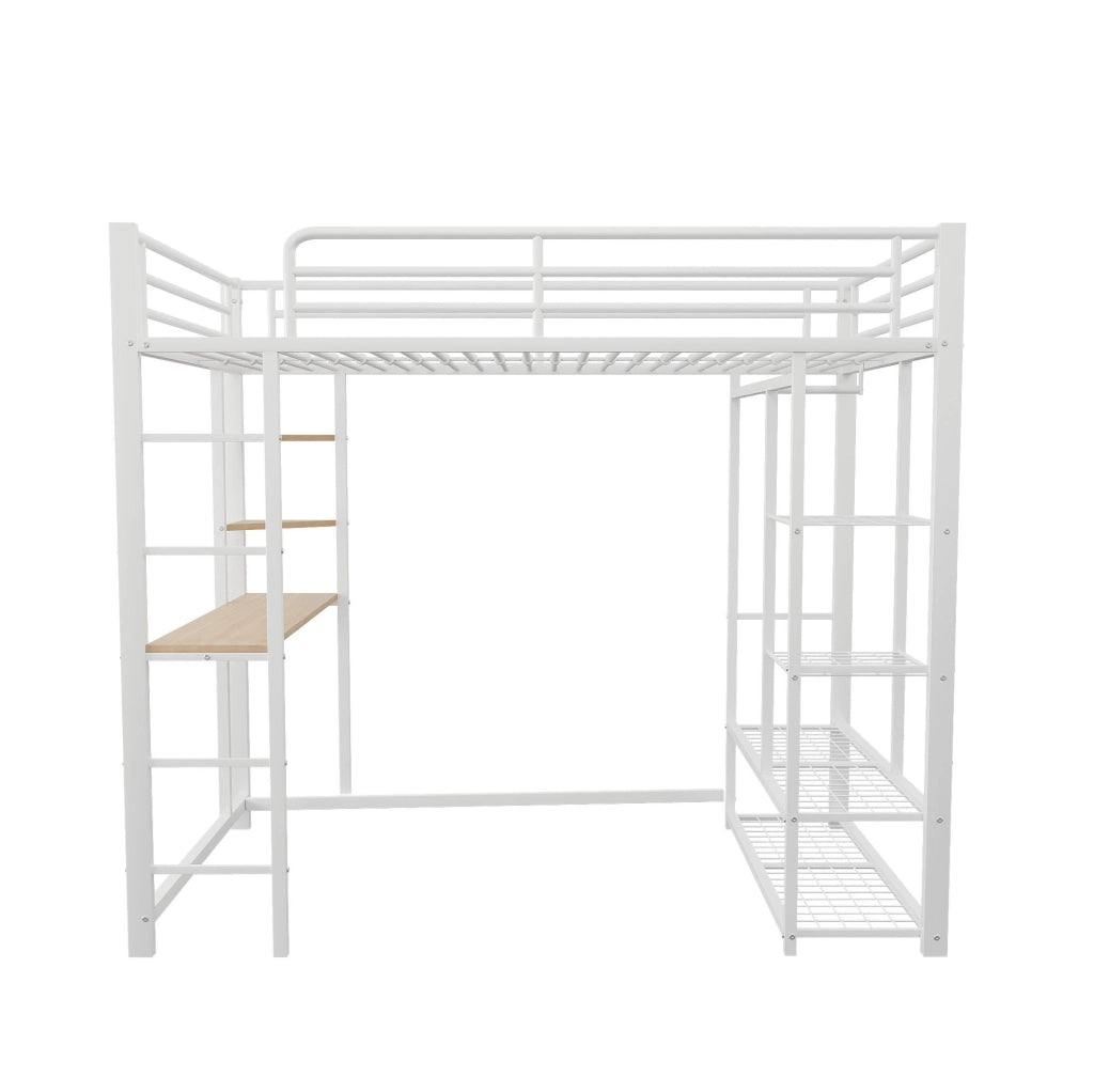 Letto a soppalco singolo 90x200 cm con scrivania, armadietto e scala, struttura in metallo bianco