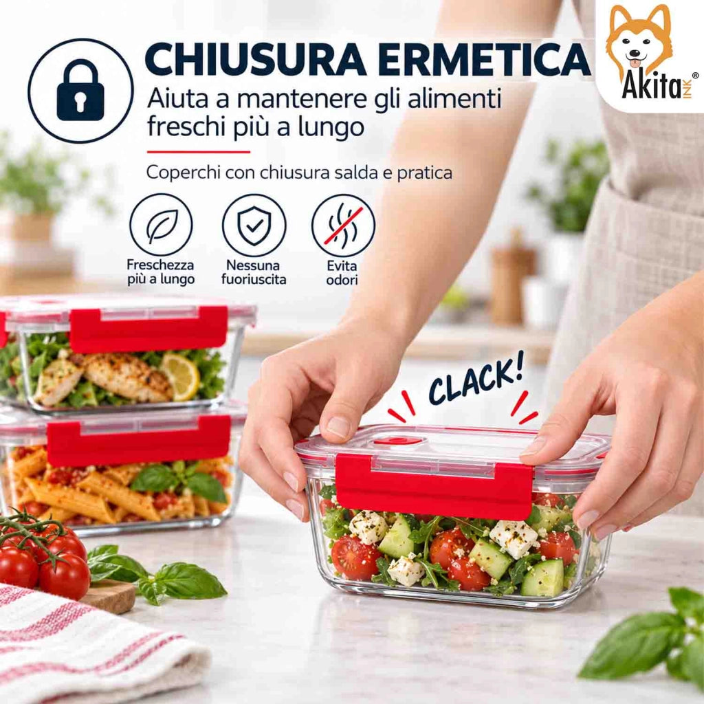 Akitaink Set 4 Contenitori Rettangolari Click Clack in Vetro