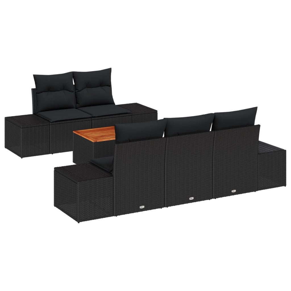 Set divano da giardino da 6 pezzi con cuscini, nero, polyrattan, acacia