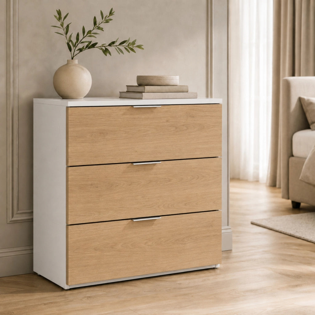 Cassettiera Design Moderno Con 3 Cassetti Comò Senza Piedi Mobile Salvaspazio Per Camera Da Letto Studio E Lavanderia 77 X 38 X 80 Cm Bianco E Rovere