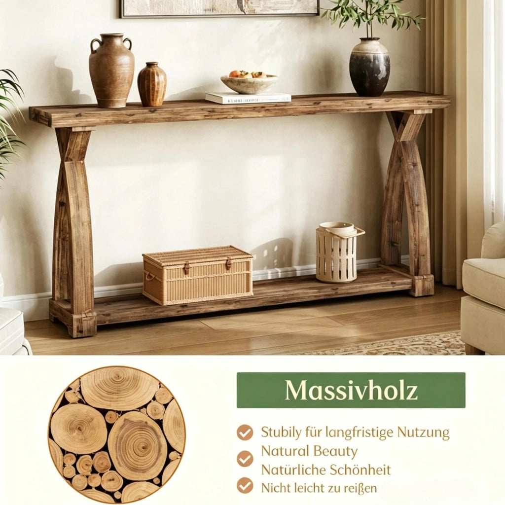 Tavolo consolle in legno marrone con ripiano inferiore; lunghezza 160 cm