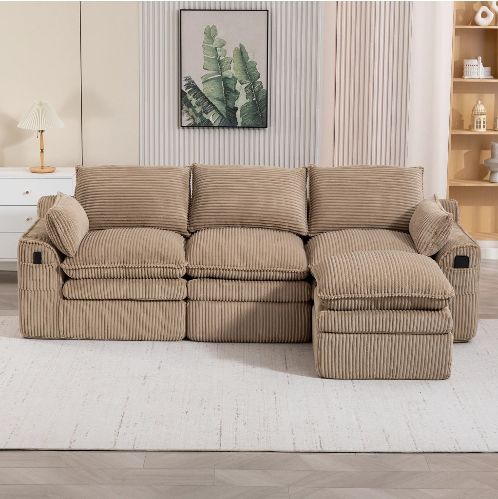 Divano modulare in velluto a coste con pouf; khaki; 263 x 167 x 85 cm