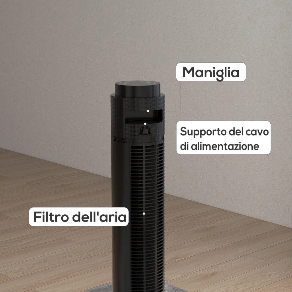 Ventilatore a Torre 45W a 4 Modalità e 3 Velocità con Timer da 12h Ø31.5x96 cm in ABS Nero