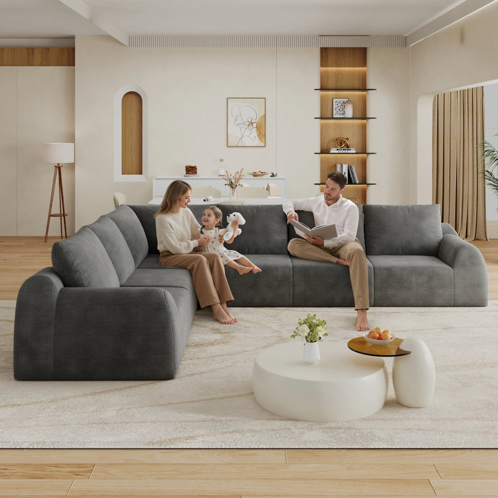 Divano angolare compresso con schiuma elastica senza montaggio rivestimento in tessuto chenille grigio scuro