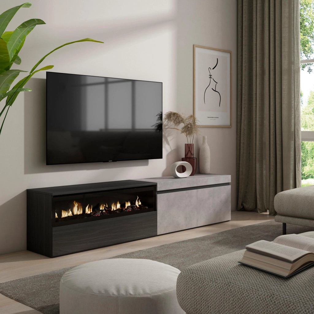 Mobile TV, 200x35x45cm, soggiorno, Per TV fino a 80", Camino elettrico, grigio cemento RF2235