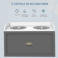Ciotole per Cani Rialzate in Acciaio Inox e Legno con Cassetto, 60x30x36cm, Grigio