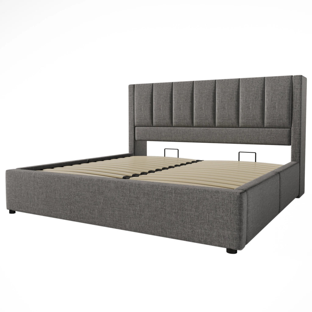 Letto imbottito 160x200 cm grigio con contenitore idraulico, USB e portabicchieri