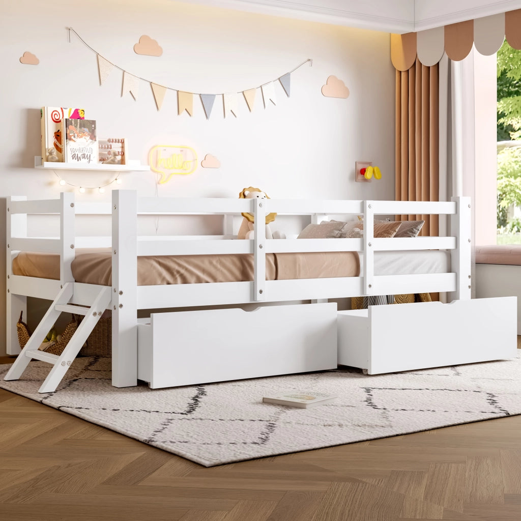 LETTO con sponde e 2 cassetti 90x200 cm Bianco in MDF