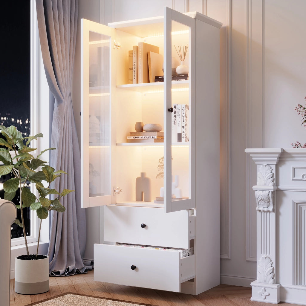 VETRINA con LED 60x35,5x165 cm Bianca in MDF e Truciolare con 2 Cassetti