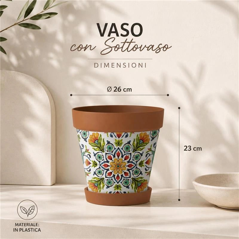 SET 3 VASI CON SOTTOVASO IN PLASTICA CON DISEGNI FLOREALI - DIMENSIONI 26X23H CM COLORE TERRA