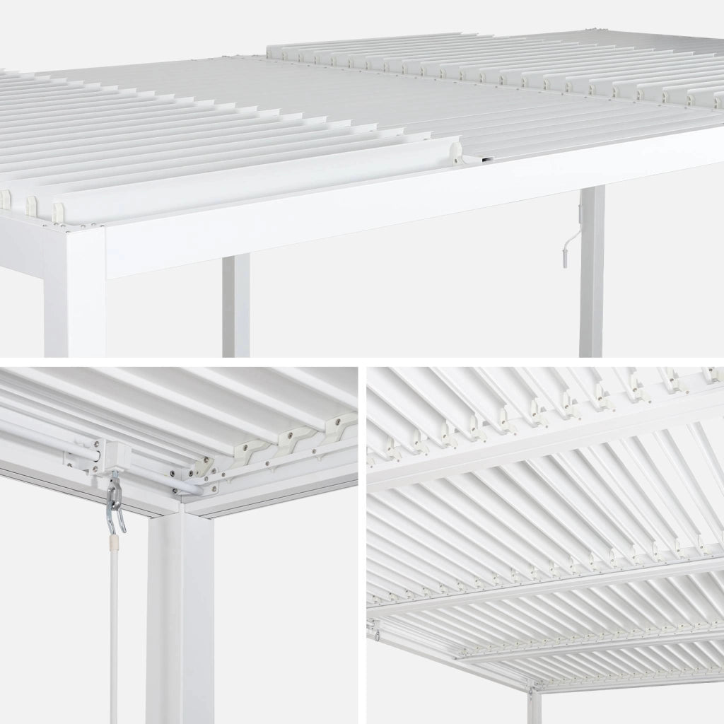 Pergola bioclimatica 3x6m in alluminio e acciaio + 4 tende 3m, bianco
