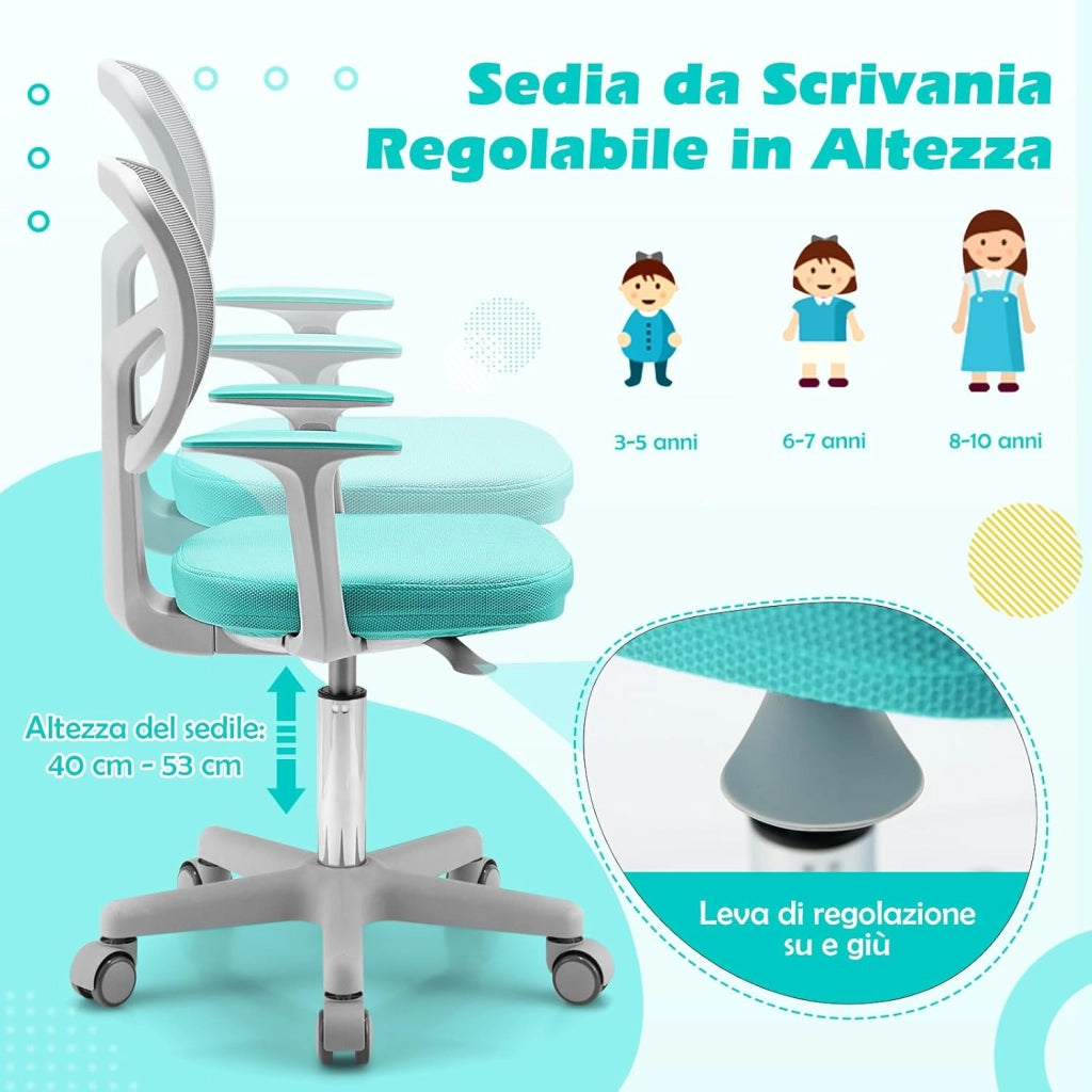 Sedia per Scrivania per Bambini, Sedia per Computer con Altezza Regolabile, Ruote, Sedile Girevole a Rete, Mobile Ergonomica per Bambini 3-10 Anni (Menta verde)