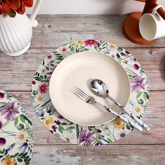 Set di 6 placemats a fiori - Sottopiani in lino rotondi per tavoli da pranzo - Tema agricolo - Ideali per cene di primavera