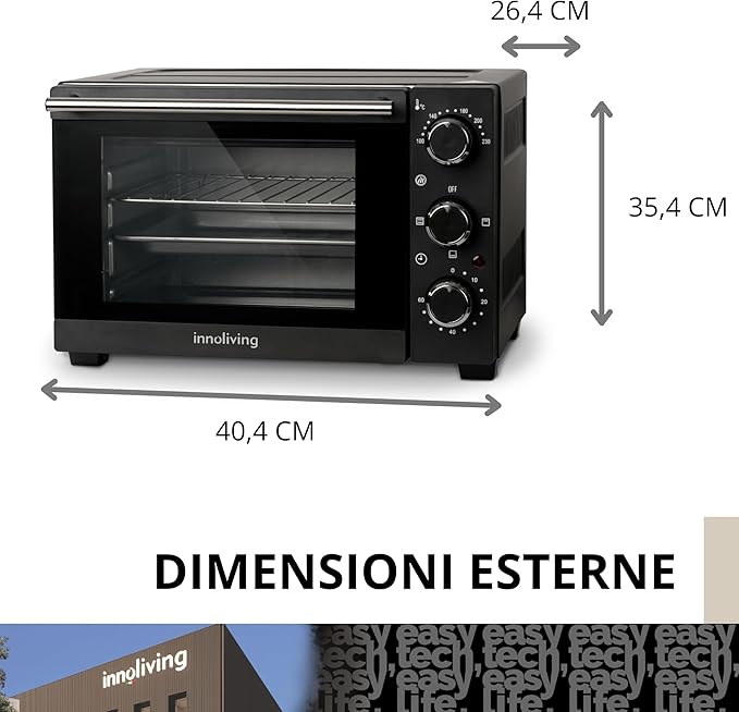 Innoliving Forno Elettrico 15 Litri INN-797, Potenza 1200W, Timer 60 Minuti, Temperatura Regolabile fino a 230°C, Cottura Ventilata, Compatto e Versatile, Perfetto per Casa e Ufficio