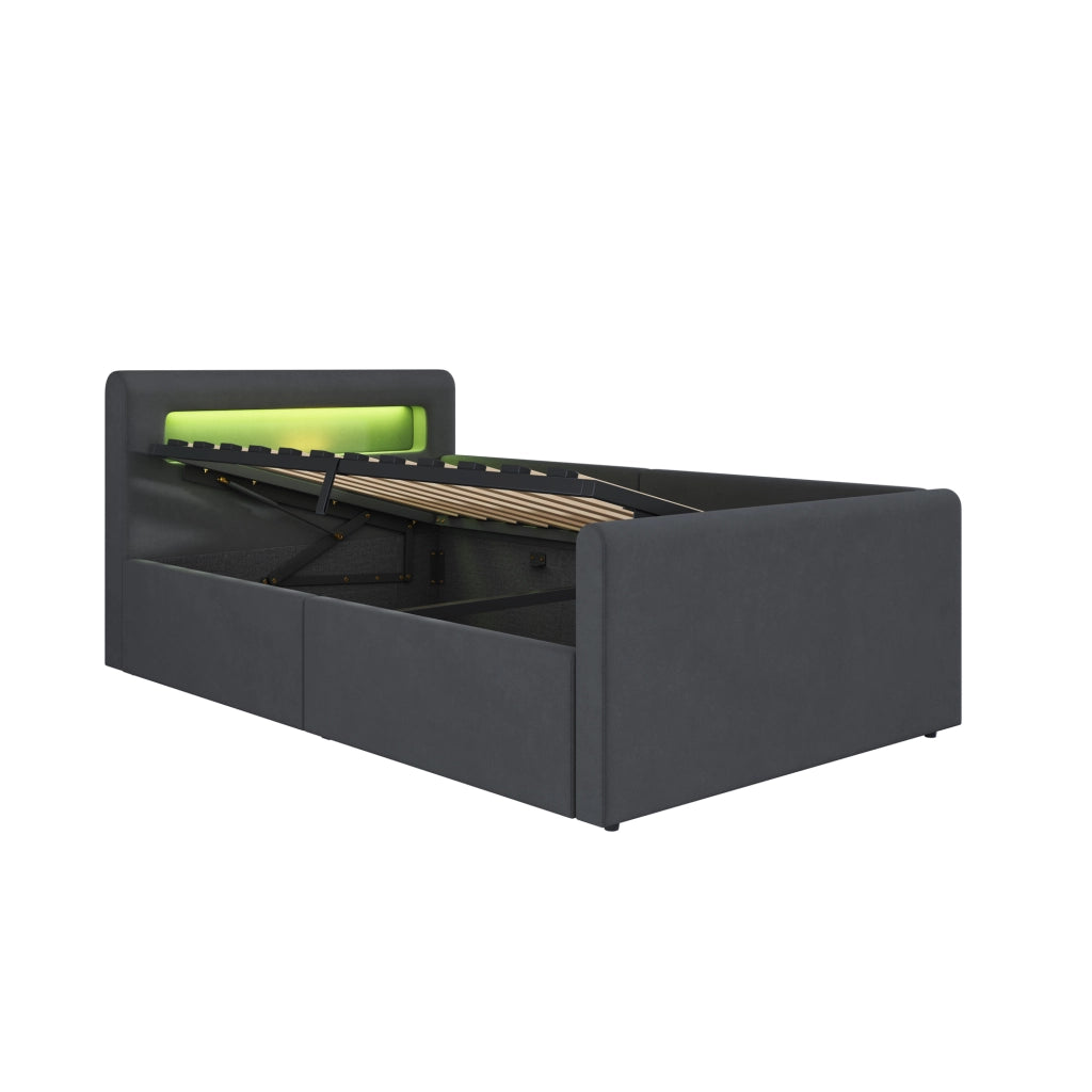 OKWISH Letto Bambini 90×200 cm, Letto Singolo con LED, Luce Notturna, USB, Contenitore Idraulico e Mensola, senza Materasso, Grigio